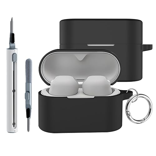 Compatible with Sony WF-1000XM6 Case Cover,Shock-Proof,Premium Silicone with Silver Ring Buckle Cleaning Accessories-Black