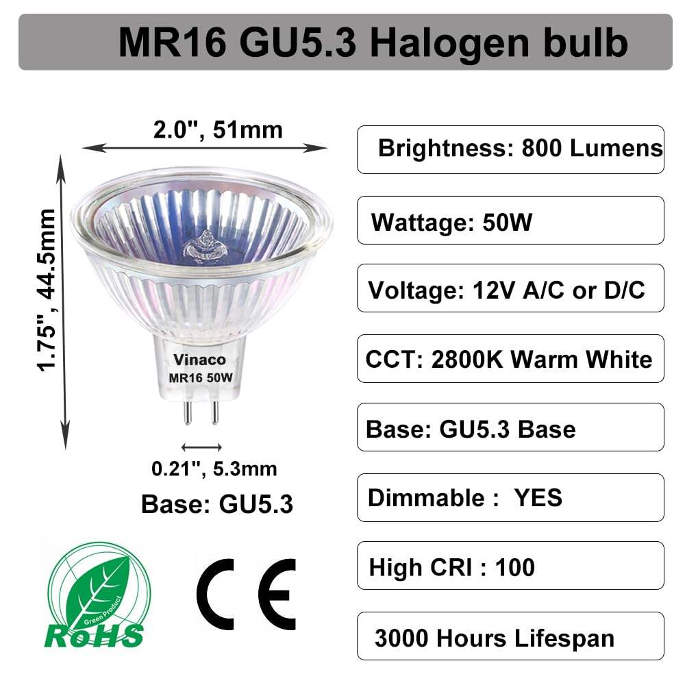 Vinaco MR16 Halogen Bulb 50W 12V GU5.3 E12 Base 2800K for Landscape Light