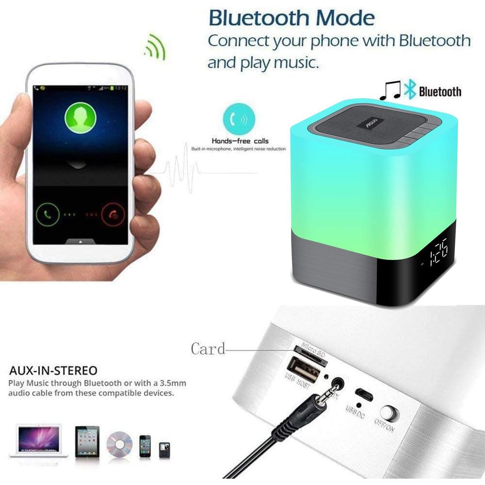 Aisuo Night Light-5 in 1 Bedside Lamp with Bluetooth Speaker, 12/24H Digital Calendar Alarm Clock, Touch Control, Support TF and SD Card, Music