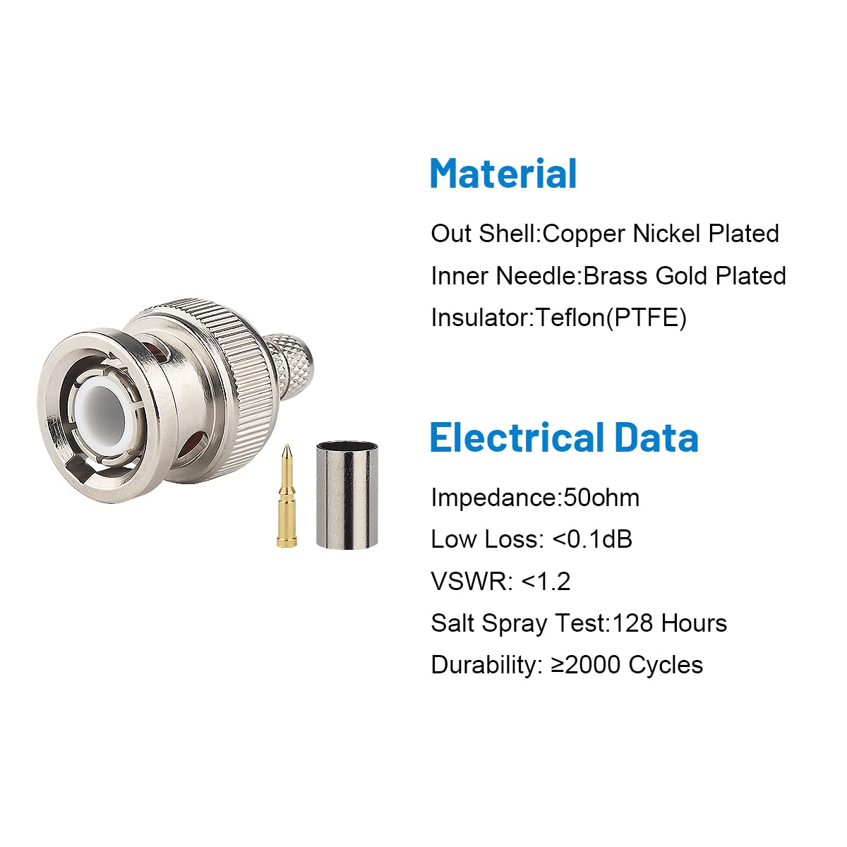 MOOKEERF BNC Male Crimp Connector, BNC Q9 Male Plug Crimp Connector for RG8X LMR240 4D-FB RG8 Mini Coax Cable (Pack of 10)