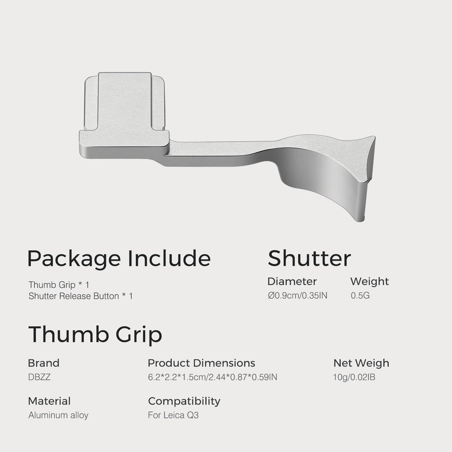 Metal Thumb Grip with Hot Shoe Cover for Leica Q3, Q3 (43) Camera Hot Shoe Thumb Hand Grip Photography Accessories (Silver)