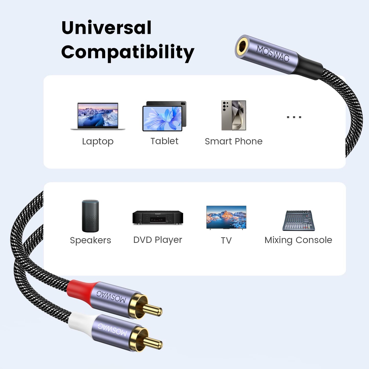 MOSWAG 3.5mm to RCA Cable,25CM 3.5mm Female to 2RCA Male Stereo Audio Cable Gold-Plated for TV,Smartphones,MP3,Tablets,Speakers,Home Theater