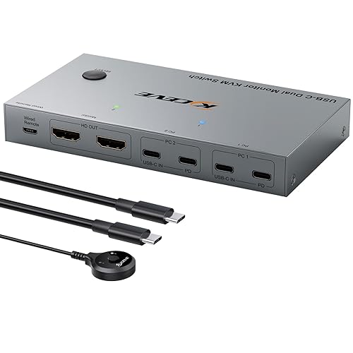 KCEVE KVM Switch 2 Monitors 2 Laptops USB C, KVM Switch Dual Monitor HDMI 4K@60Hz for 2 Laptops Share 4 USB 3.0 Devices with 80W PD, with 2 USB-C