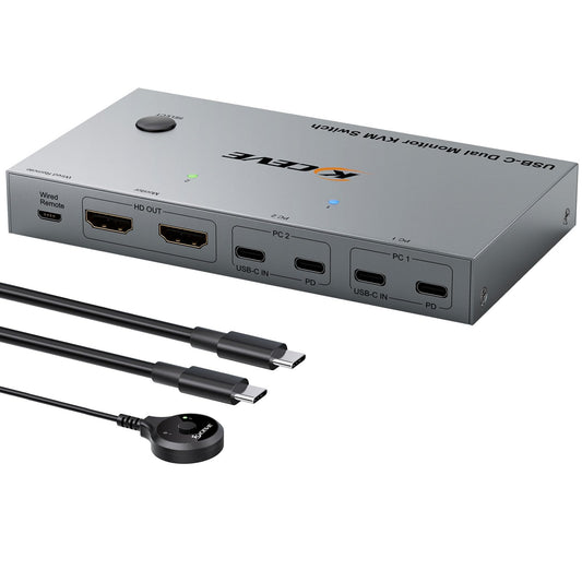 KCEVE KVM Switch 2 Monitors 2 Laptops USB C, KVM Switch Dual Monitor HDMI 4K@60Hz for 2 Laptops Share 4 USB 3.0 Devices with 80W PD, with 2 USB-C