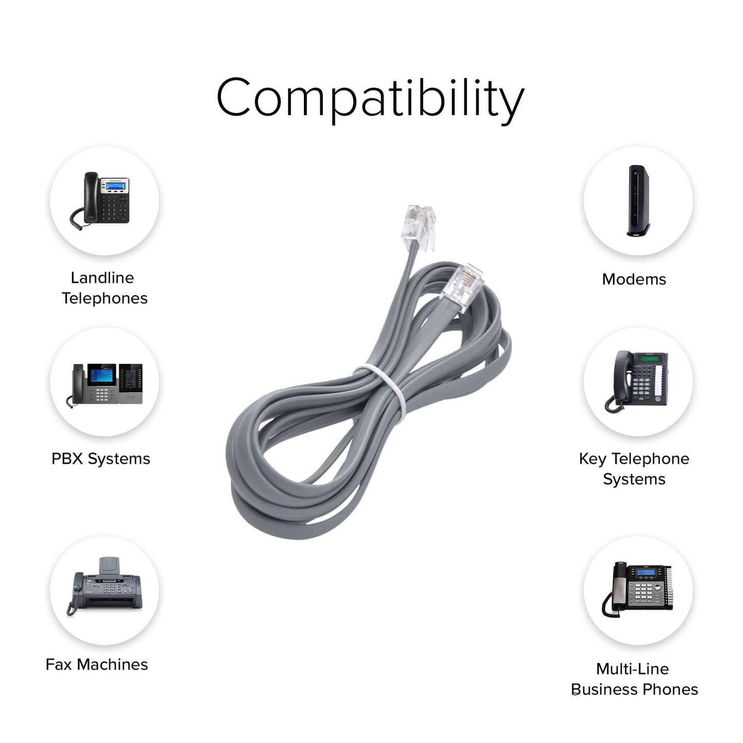 Lumenzi Reliable 6 Conductor RJ12 Line Cord - Straight Cable for Clear Telephone Connections - 6P6C - Straight Pinout - 3 FT