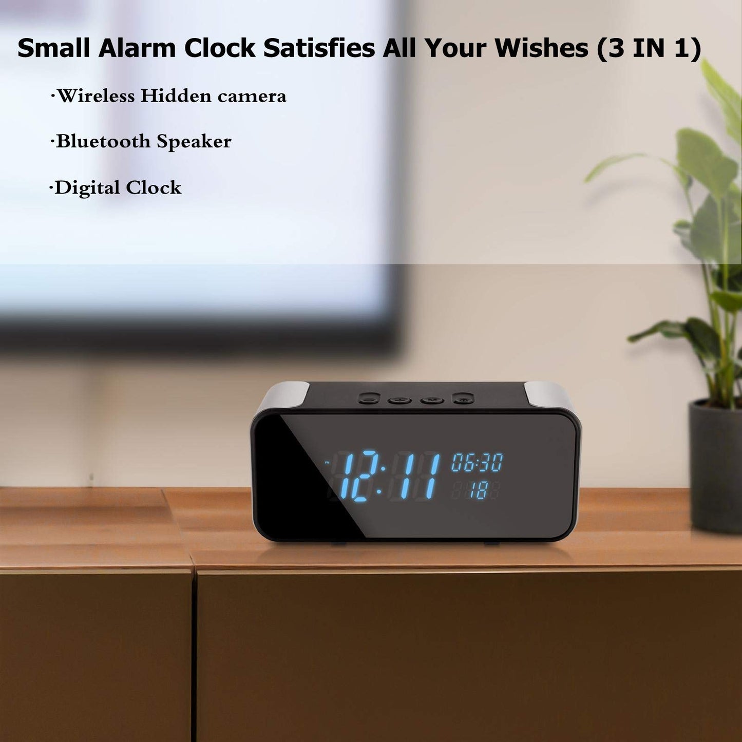 Wireless 4K Full HD Security Mini Camera, 3-in-1 Nanny Cam with Alarm Clock & Bluetooth Speaker, Clear Night Vision & Motion Detection Alarm, APP