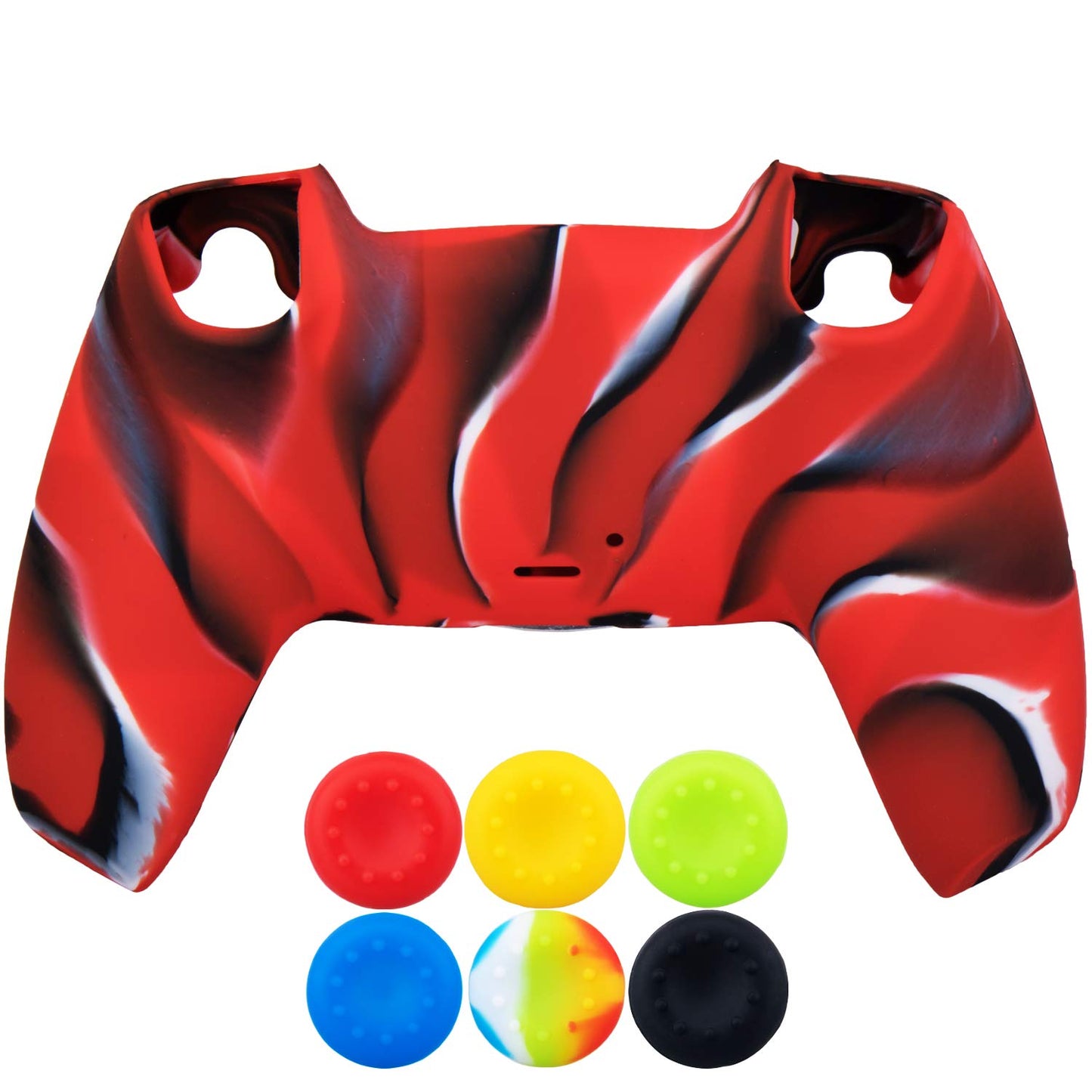 9CDeer 1 Piece of Silicone Protective Thick Cover Skin + 6 Thumb Grips for PS5 Controller Camouflage Red