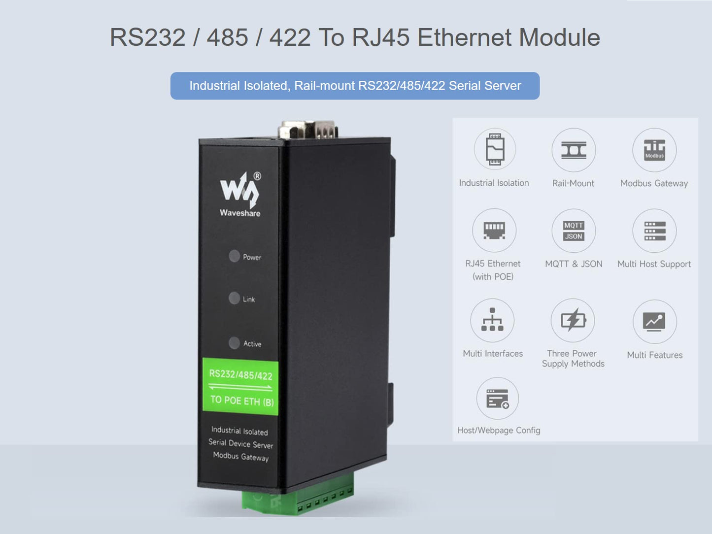 waveshare RS232/485/422 to RJ45 Ethernet Converter, TCP/IP to Serial, Modbus Gateway Support, Industrial Isolated Rail-Mount RS232/485/422 Serial