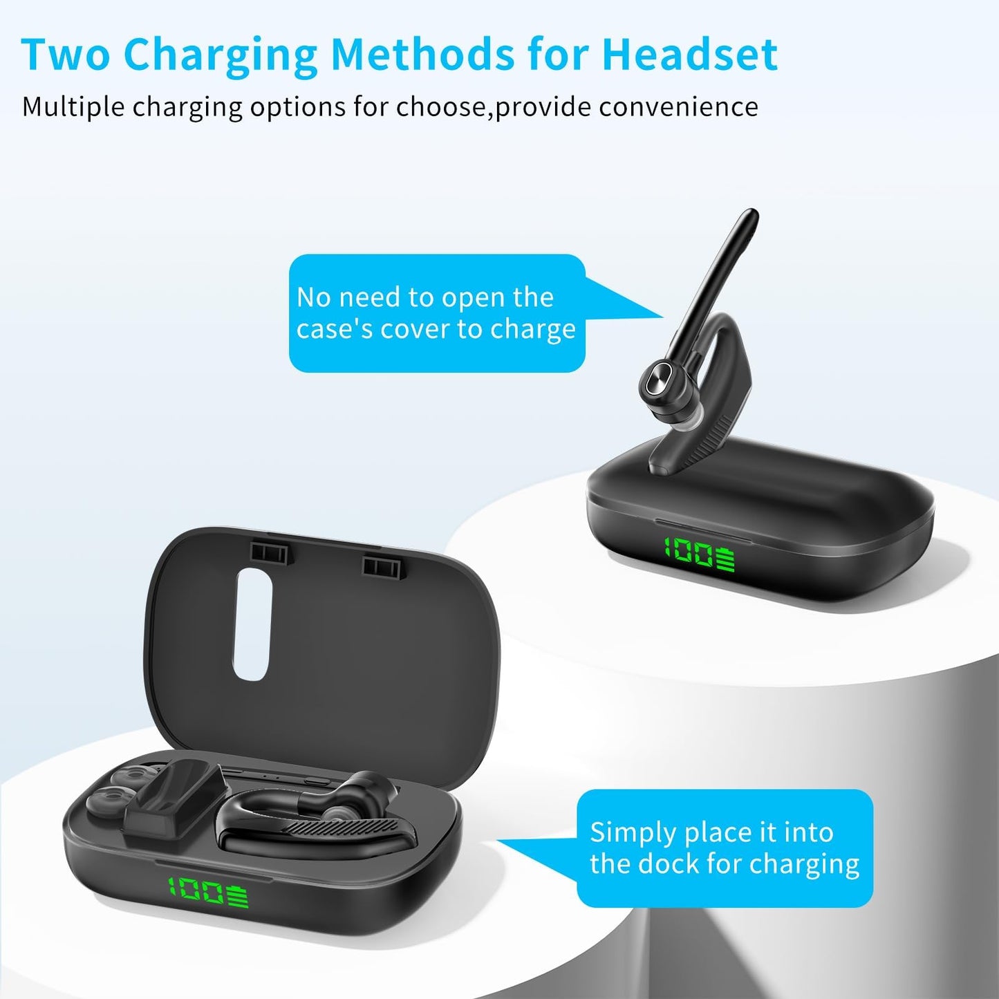 Bluetooth Headset Wireless Earpiece Microphone 180H Playtime 1000mAh Wireless Charging Case Handsfree Single Ear Headset LED Display for iPhone