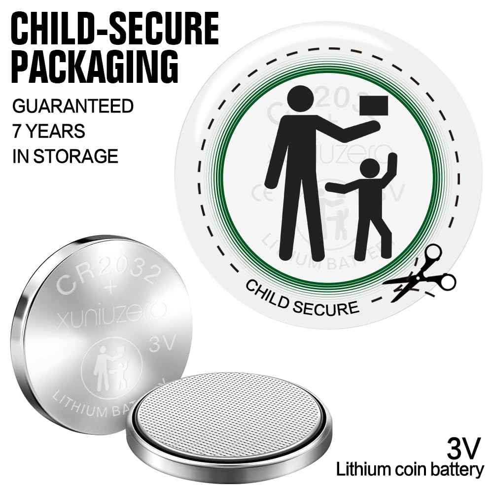 XUNIUZERO 2032 Lithium Battery (12 Pack) Child Safety Features Compatible with AirTag Key Fob Tea Light Candles and Other Devices CR2032 3V Coin…