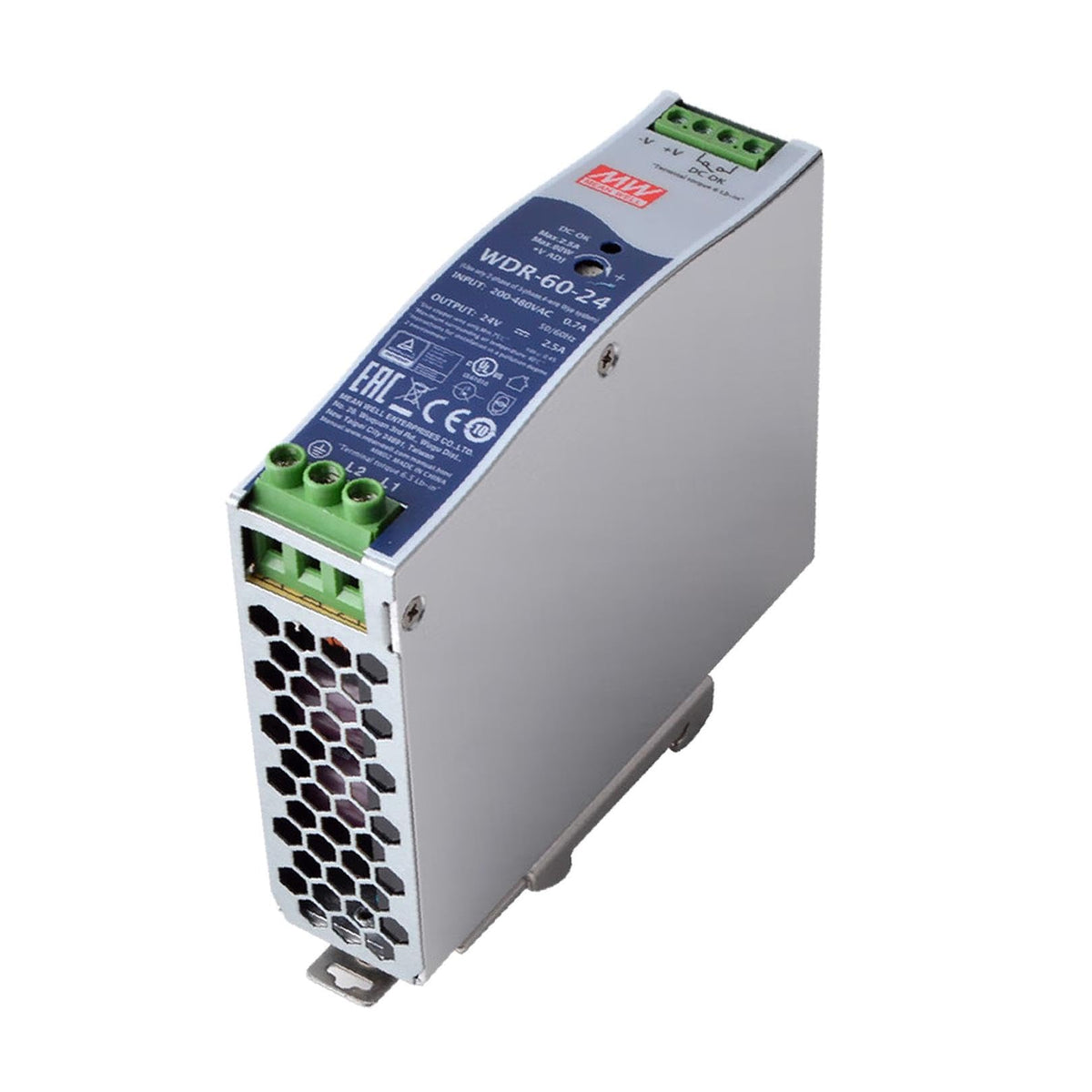 MEAN WELL WDR-60-12 Power Supply, 60W, 12V, 5A, Single-Phase, 180~550VAC Input, DIN Rail