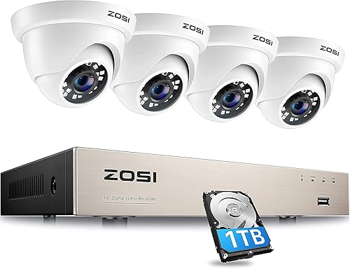 ZOSI Security Cameras System with 1TB Hard Drive,H.265+ 5MP Lite 8Channel HD-TVI DVR Recorder and 4pcs 1080P HD Surveillance CCTV Dome Cameras