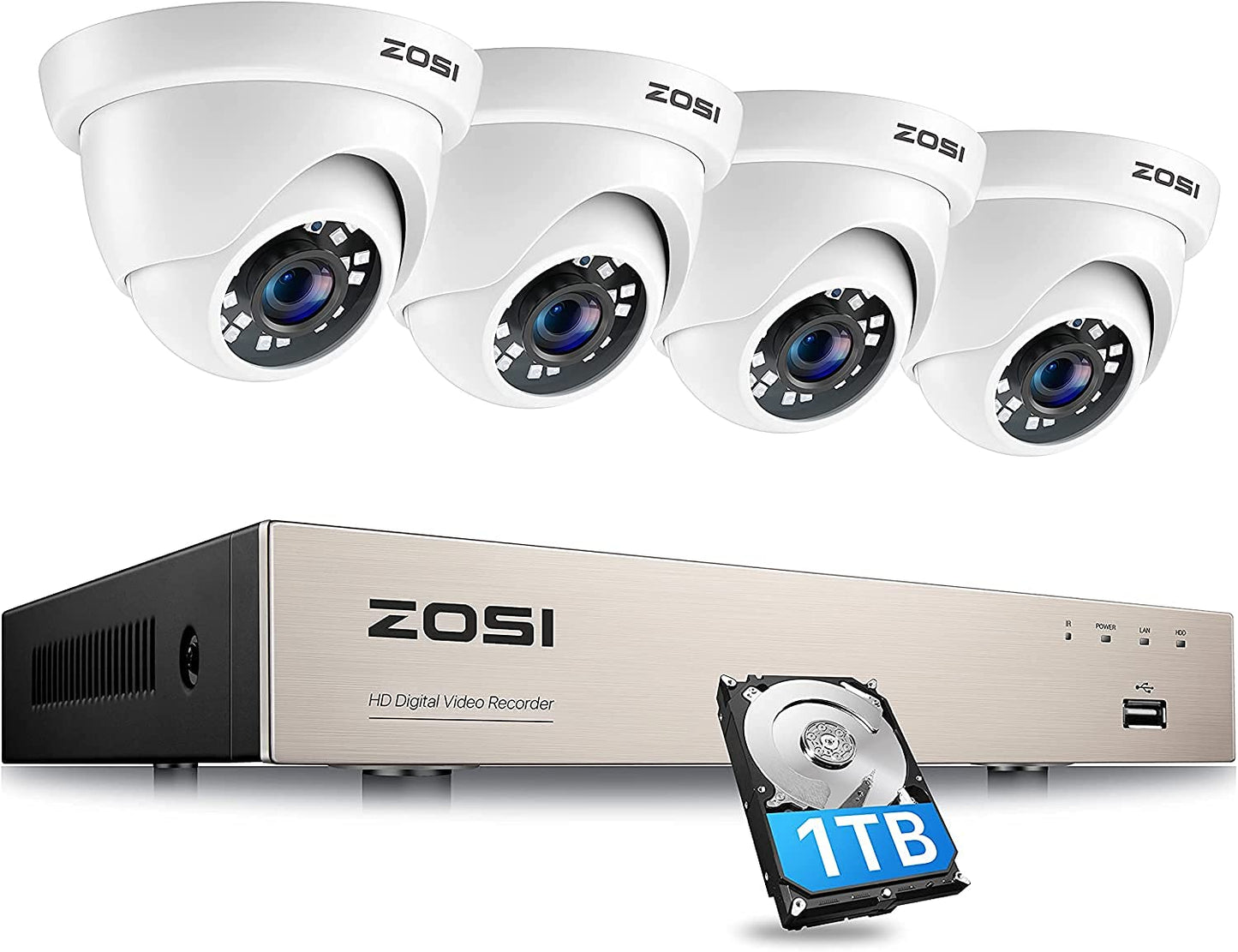 ZOSI Security Cameras System with 1TB Hard Drive,H.265+ 5MP Lite 8Channel HD-TVI DVR Recorder and 4pcs 1080P HD Surveillance CCTV Dome Cameras