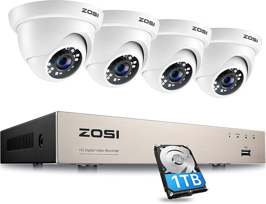 ZOSI Security Cameras System with 1TB Hard Drive,H.265+ 5MP Lite 8Channel HD-TVI DVR Recorder and 4pcs 1080P HD Surveillance CCTV Dome Cameras