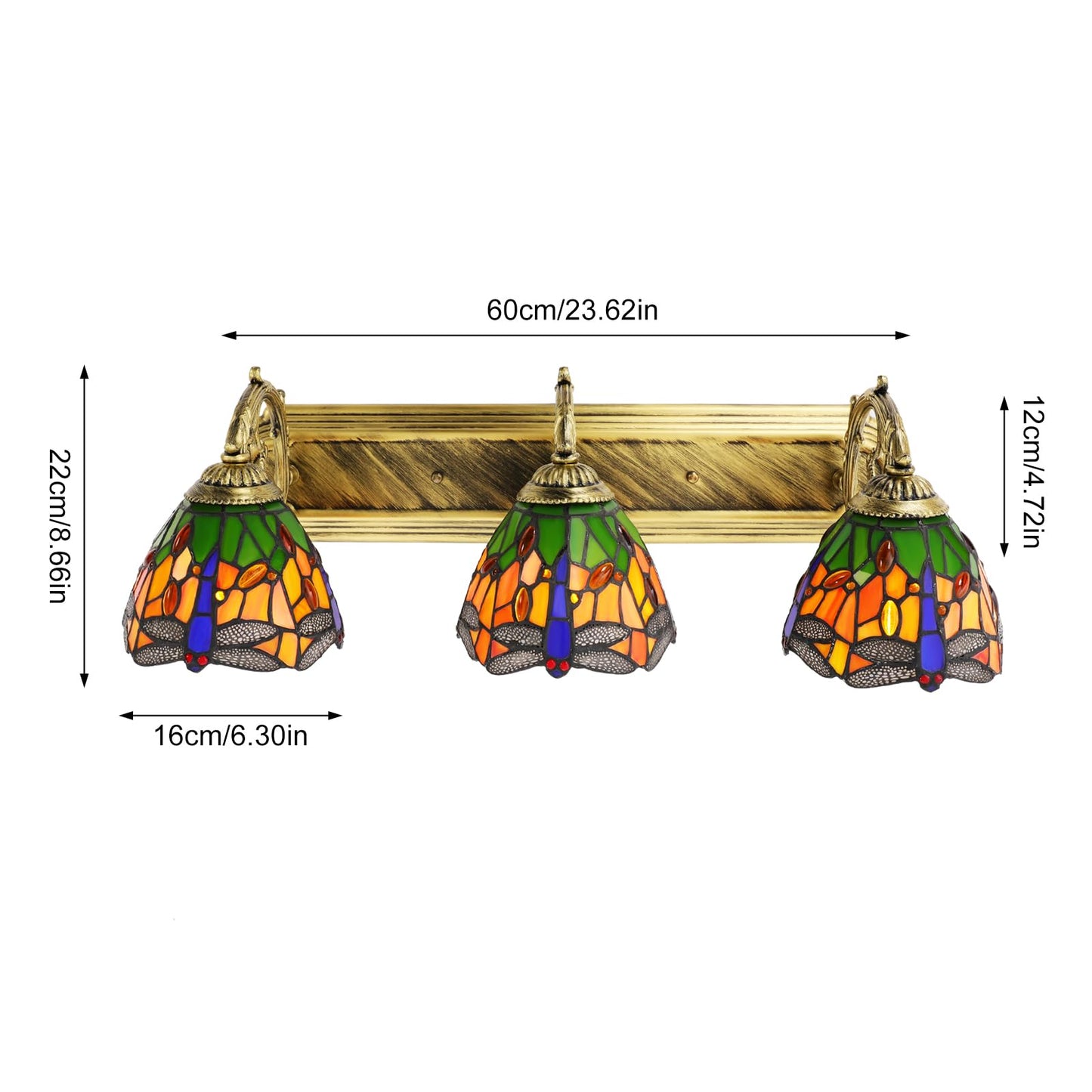 LNUJIUN Retro Dragonfly Wall Sconce Lamp, 3 Head Wall Lamp Vanity Light Fixtures, Colorful Glass Tiffany Wall Sconce Lighting E27 Antique Light