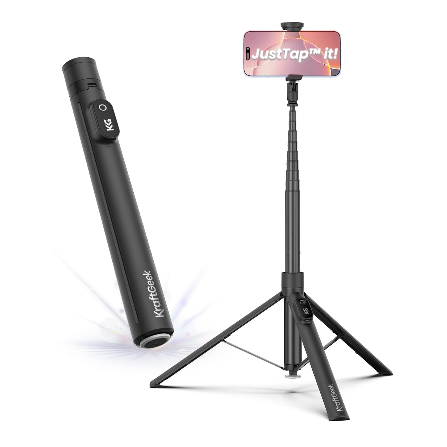 KraftGeek 66" JustTap Phone Tripod for iPhone, Automatic Selfie Stick for Cell Phone, Tripod Stand with Remote for Video Recording, Black