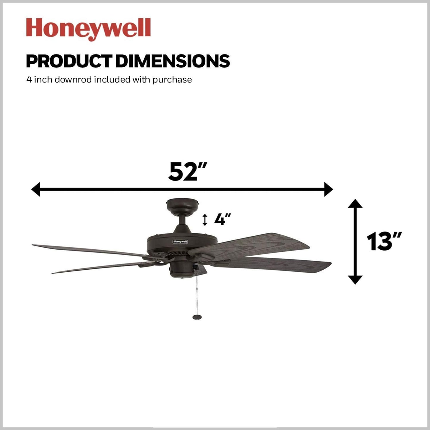Honeywell Belmar 52-Inch Outdoor Ceiling Fan, Pull Chain, Tri-Mount, Bronze