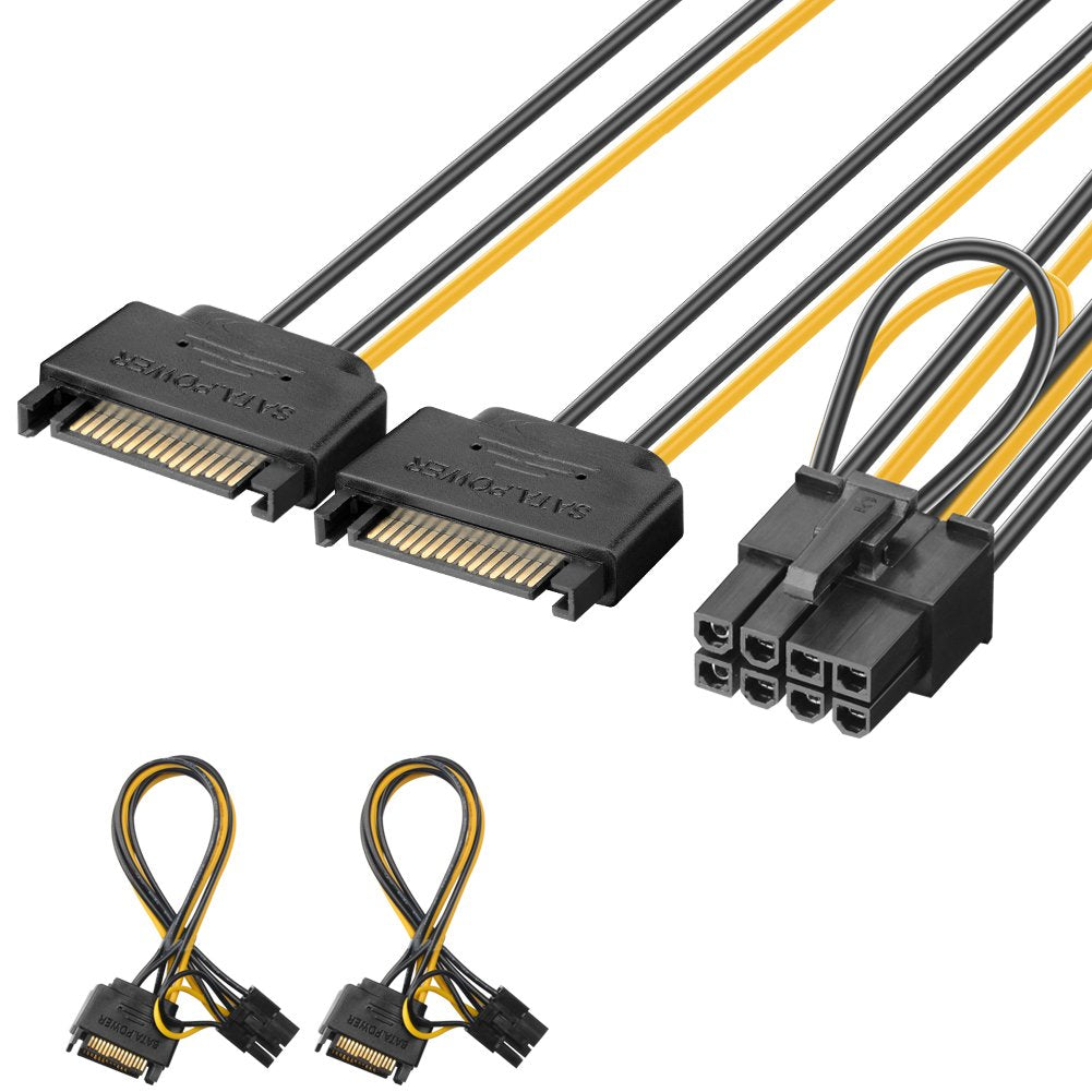 J&D 8 Pin to SATA Power Cable, (2 Pack) 2X SATA to 8 Pin PCI Express (PCIe) Graphic Video Card Power Cable Adapter, 8 inch