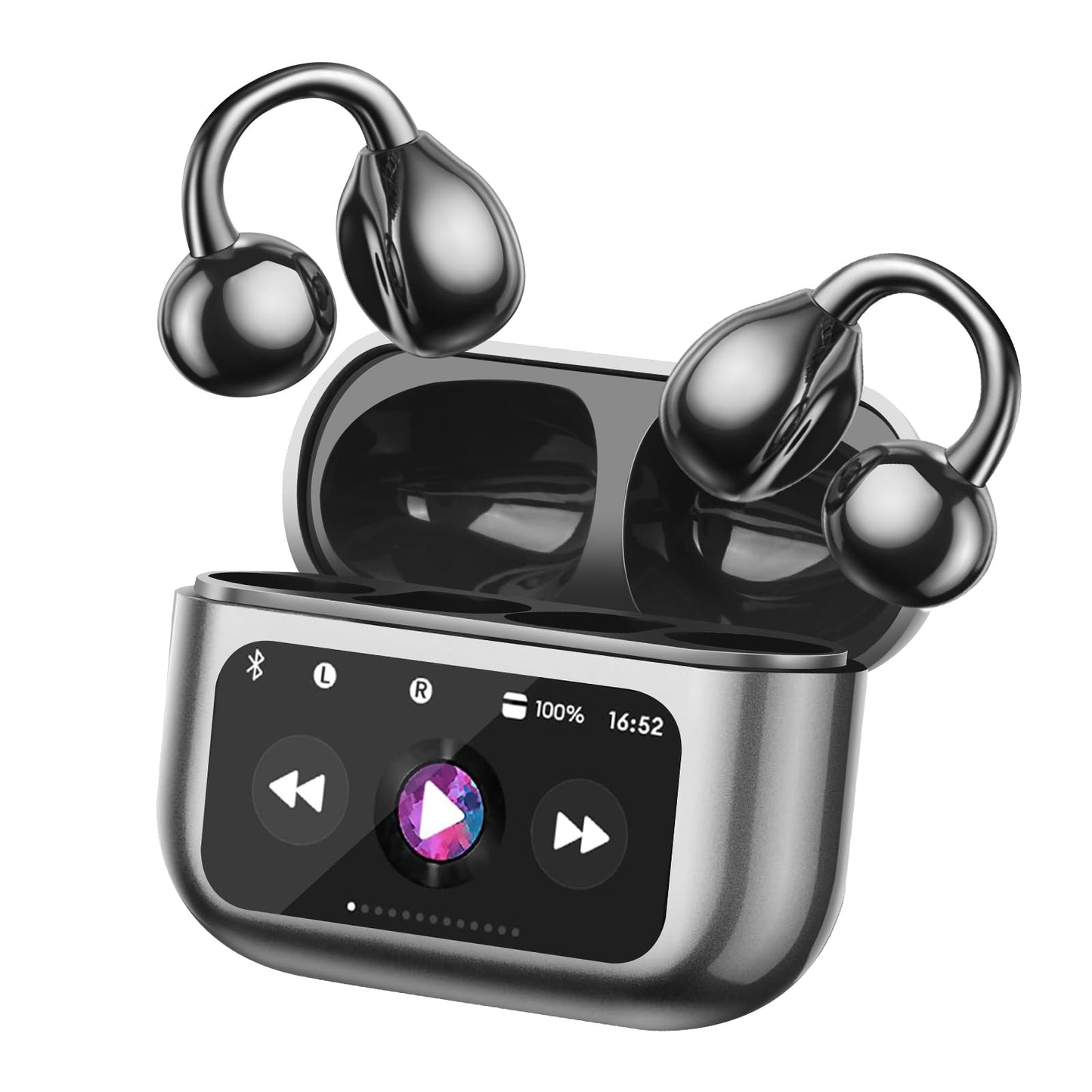Open Ear Bone conduction Headphones Bluetooth 5.4 Wireless Clip On Earbuds with Digital Display Charging Case 40 Hours Playtime Sport Earphones