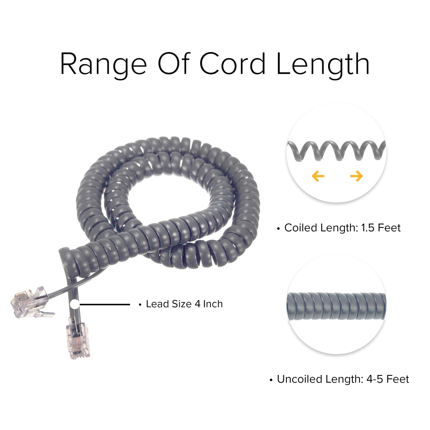 Lumenzi Long-Lasting 4 Inch Lead Handset Cord - Medium Gray Telephone Cable for Extended Use and Reliable Performance - 25 FT