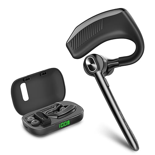 Bluetooth Headset Wireless Earpiece Microphone 180H Playtime 1000mAh Wireless Charging Case Handsfree Single Ear Headset LED Display for iPhone