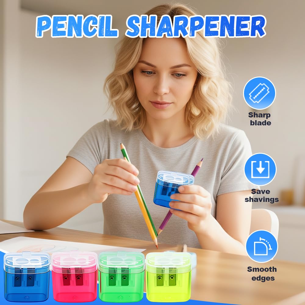 Pencil Sharpeners, Handheld Pencil Pharpener with Lid, 2 Holes Mini Compact Colored Pencil Sharpener Manual for Classroom, Back to School, Home