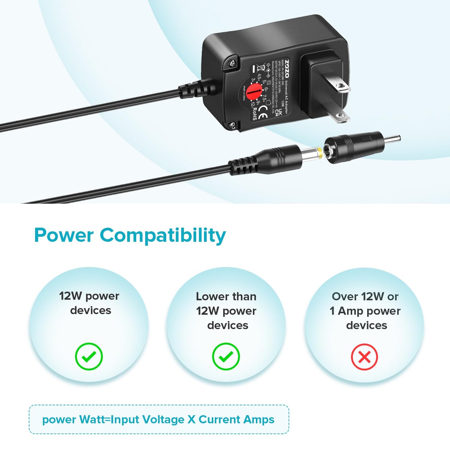 ZOZO Universal AC/DC Adapter 12W 3V 4.5V 5V 6V 7.5V 9V 12V Switching Power Supply Charger with 8 Tips 5.5x2.1mm 5.5x2.5mm Micro USB for Routers…