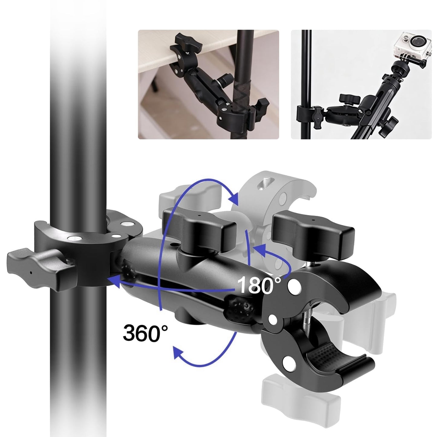 Rctiotuw Universal Sports Camera Mount, Double Clamp with 360° Magic Arm, Heavy-Duty Ball Head Mount, for GoPro,360 Stabilizer (Medium)