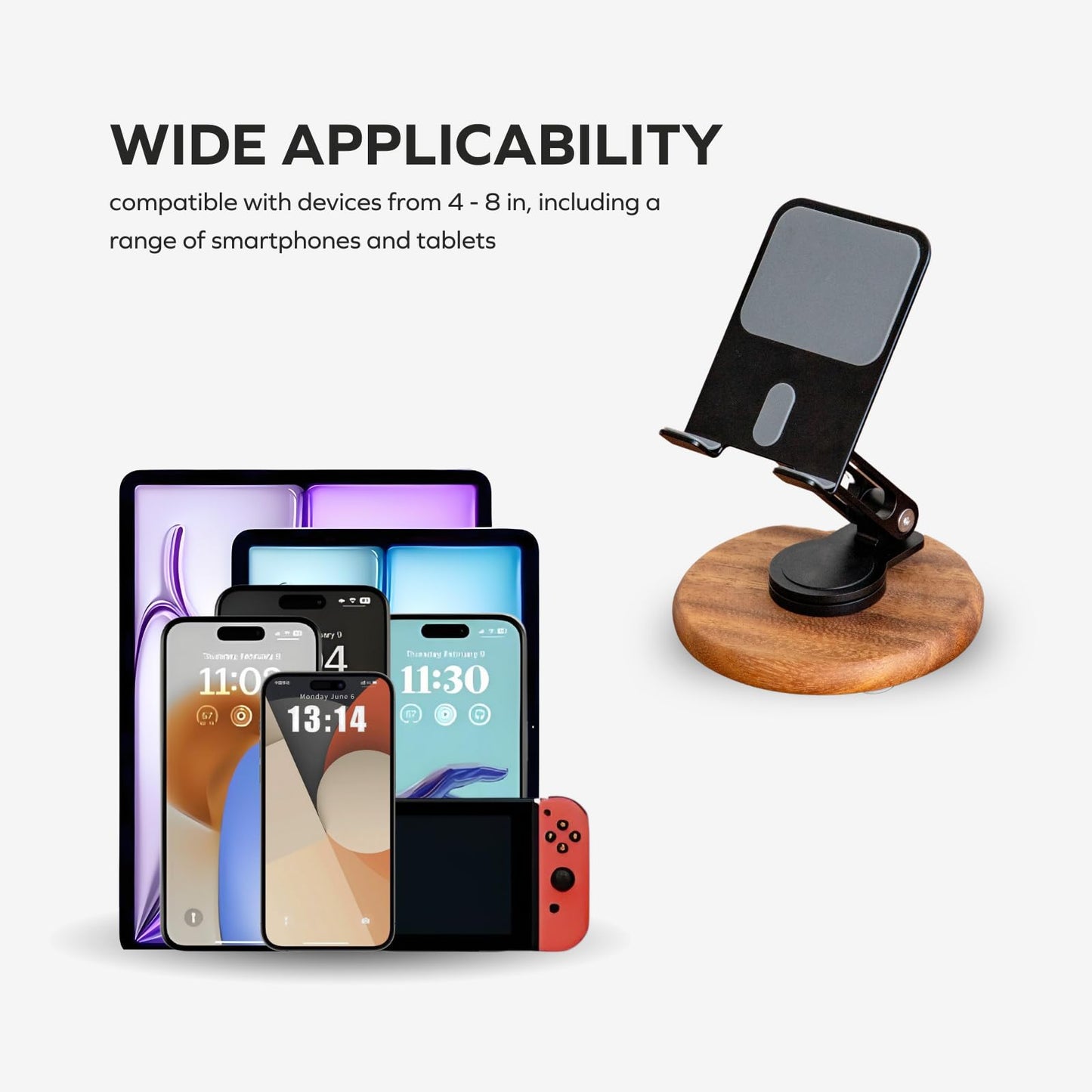 muso wood Cell Phone Stand for Desk, Foldable 360 Rotating Cell iPhone Holder with Acacia Base, Adjustable Travel Cell Phone Mobile Stand for All