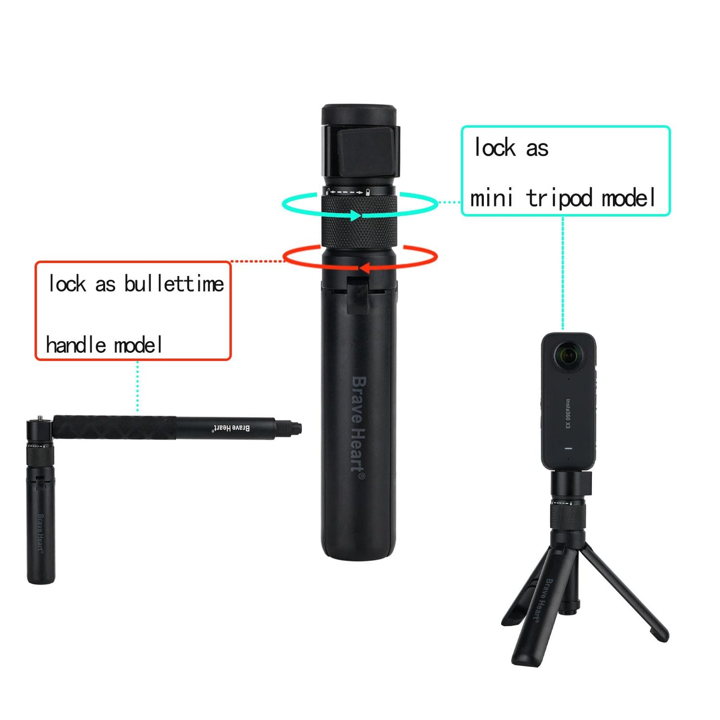 Bullet Time Handle Tripod Multi-Functional Tabletop Fold Tripod for insta360 X5/X4 Insta 360 X3,ONE RS,GO 2,ONE X2,ONE R,ONE X ONE RS Sport Camera
