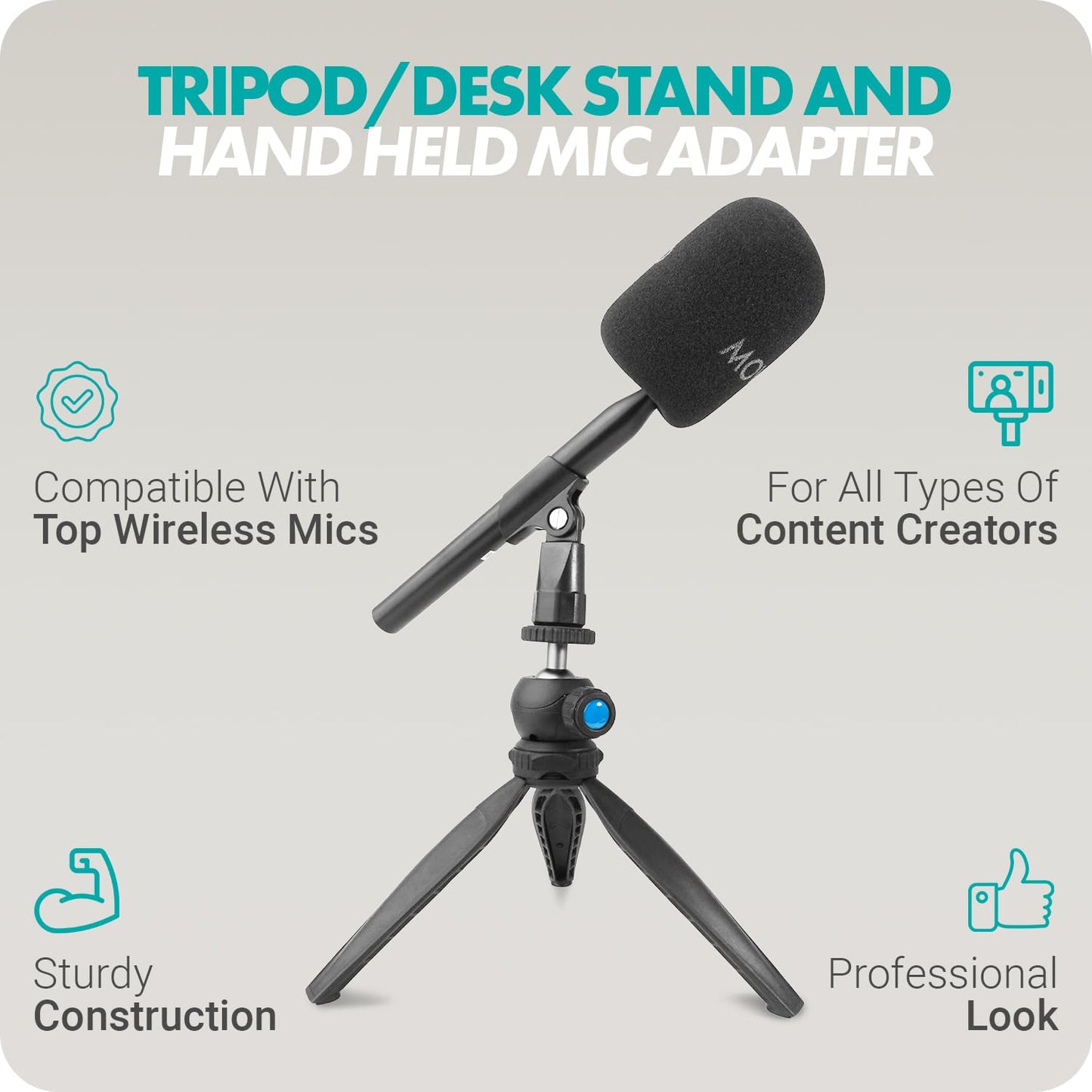 Movo WMX-HM Wireless Interview Microphone Adapter w/Mic Stand - Compatible with DJI Mic, Rode Wireless GO, Hollyland Lark, and More - Great for