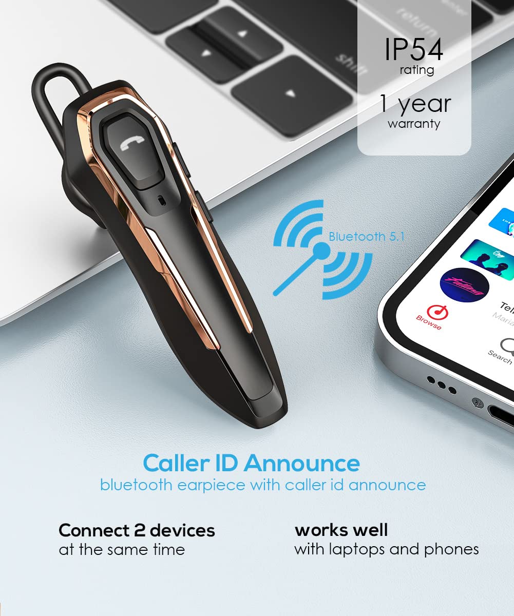 ZOUKAI Single Ear Wireless Bluetooth Headset, 30H Talking Time, Dual Noise Cancelling Mic Hands-Free Calls, Hands Free Earpiece, Call Reminder