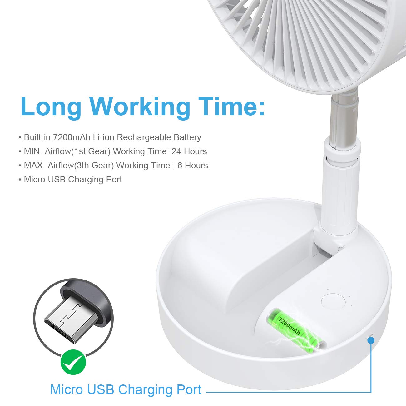QUALORI Pedestal Fan Foldaway, Portable, Rechargeable, Desk or Floor suitable for Home Kitchen Camping (White) (No remote control)