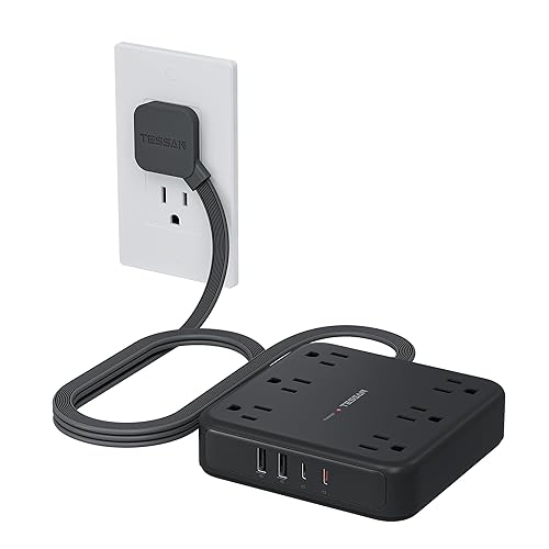 TESSAN Black Extension Cord with Fast Charger, Surge Protector Power Strip with 6 Outlets and 4 USB Ports (2 USB C), 2100 Joules Protection, Flat