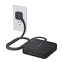 TESSAN Black Extension Cord with Fast Charger, Surge Protector Power Strip with 6 Outlets and 4 USB Ports (2 USB C), 2100 Joules Protection, Flat