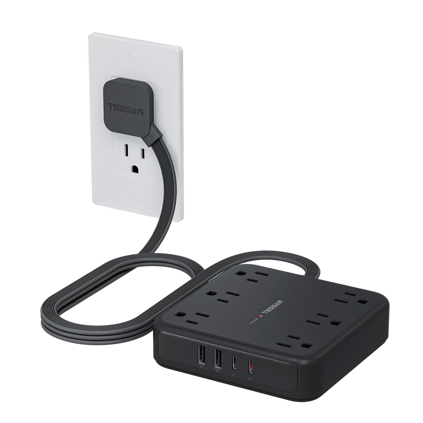 TESSAN Black Extension Cord with Fast Charger, Surge Protector Power Strip with 6 Outlets and 4 USB Ports (2 USB C), 2100 Joules Protection, Flat