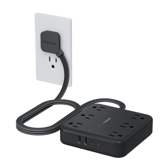 TESSAN Black Extension Cord with Fast Charger, Surge Protector Power Strip with 6 Outlets and 4 USB Ports (2 USB C), 2100 Joules Protection, Flat