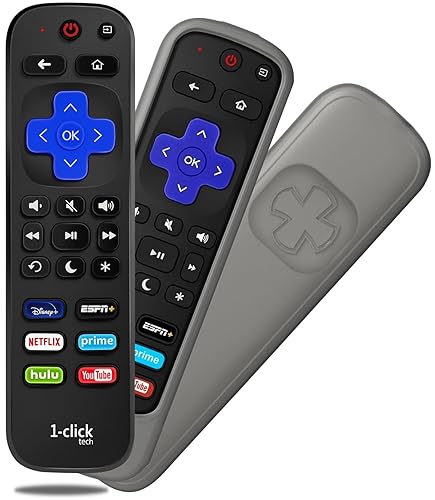 [w/Cover] 1-clicktech New Remote for Roku TV w/6 Customizable HotKeys, for TCL Hisense Onn Sharp Sanyo Hitachi Element Insignia Westinghouse Magnavox