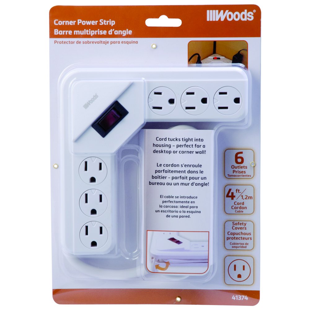 Woods 41374 6-Outlet Corner Power Strip, White,