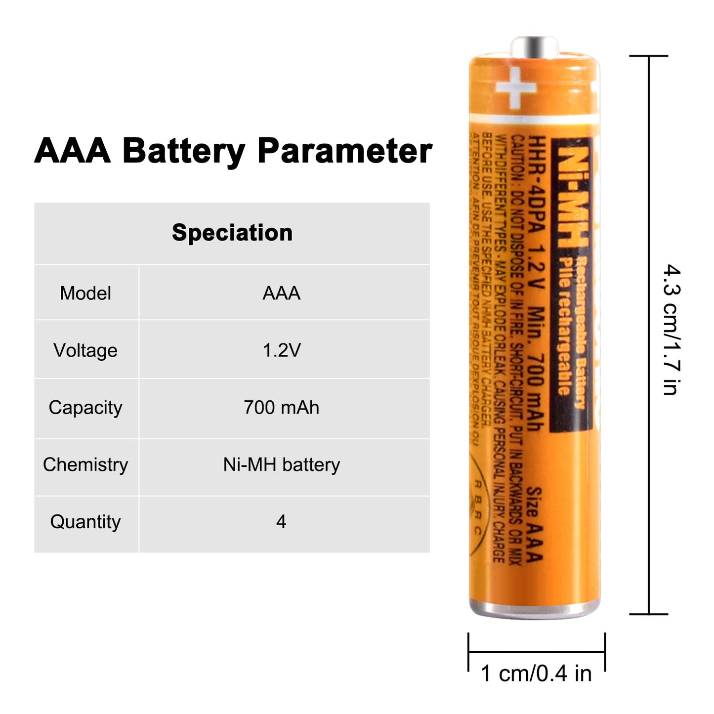 NI-MH AAA Rechargeable Battery 1.2V 700mah 4-Pack HHR-4DPA AAA Batteries for Panasonic Cordless Phones, Remote Controls, Electronics