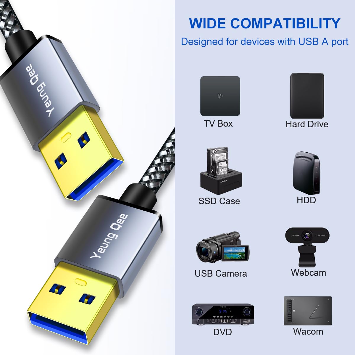 Yeung Qee USB to USB Cable 3 ft,USB 3.0 A to A Male Cable USB Male to Male Cable Double End USB Cord Compatible for Data Transfer,Hard