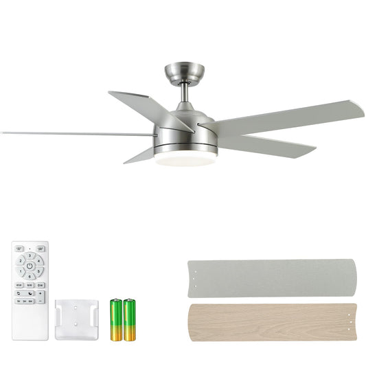 YUHAO 52 Inch Brushed Nickel Ceiling Fan with Light and Remote Control.Noiseless,Dimmable,3CCT,6 Speeds Reversible, DC Ceiling Fans for Indoor or