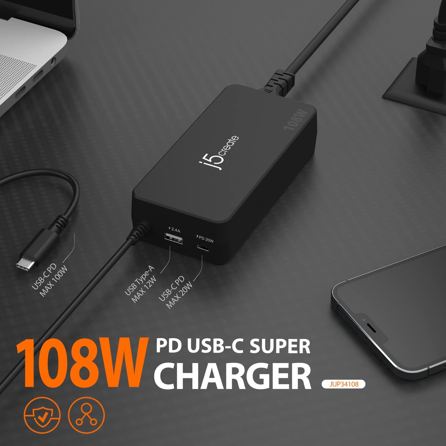 j5create 108W USB Type C PD Super Charger for MacBook Pro, Chromebook, Laptop, Notebook, Tablet, Android, iPhone, iPad Pro, Smart Phone (JUP34108)