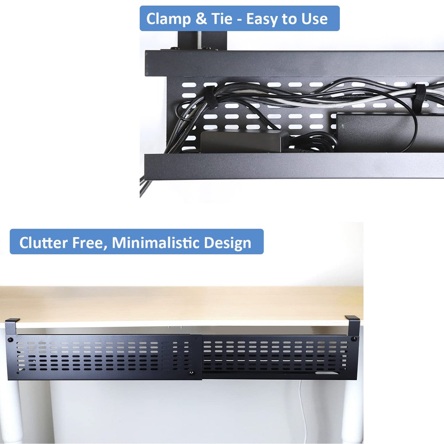 AEONS Under Desk Cable Management Tray Kit - Horizontal Adjustable up to 41” Removable C Clamp Mount Reversible Computer Cord Raceway and Modesty