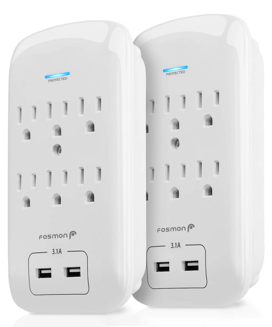 Fosmon 6 Outlet Surge Protector 1200 Joules with 2 USB Ports Charger (3.1A), Multi Plug Outlet Extender 1875 Watt, 3-Prong Grounded Wall Tap Adapter
