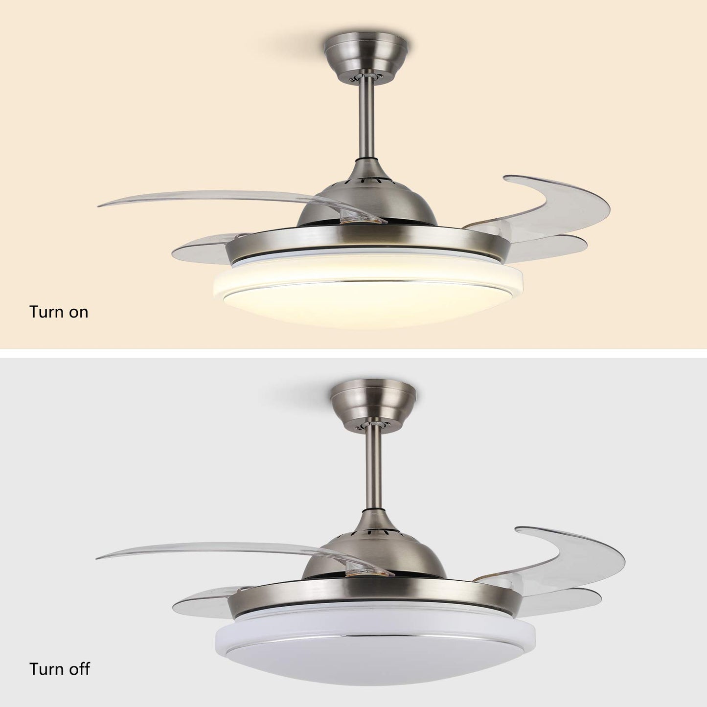 42" Invisible Ceiling Fan Light, Modern Fan Chandelier with LED Light Remote Control, 3 color changes, 4 Invisible Clear ABS Blades Livingroom