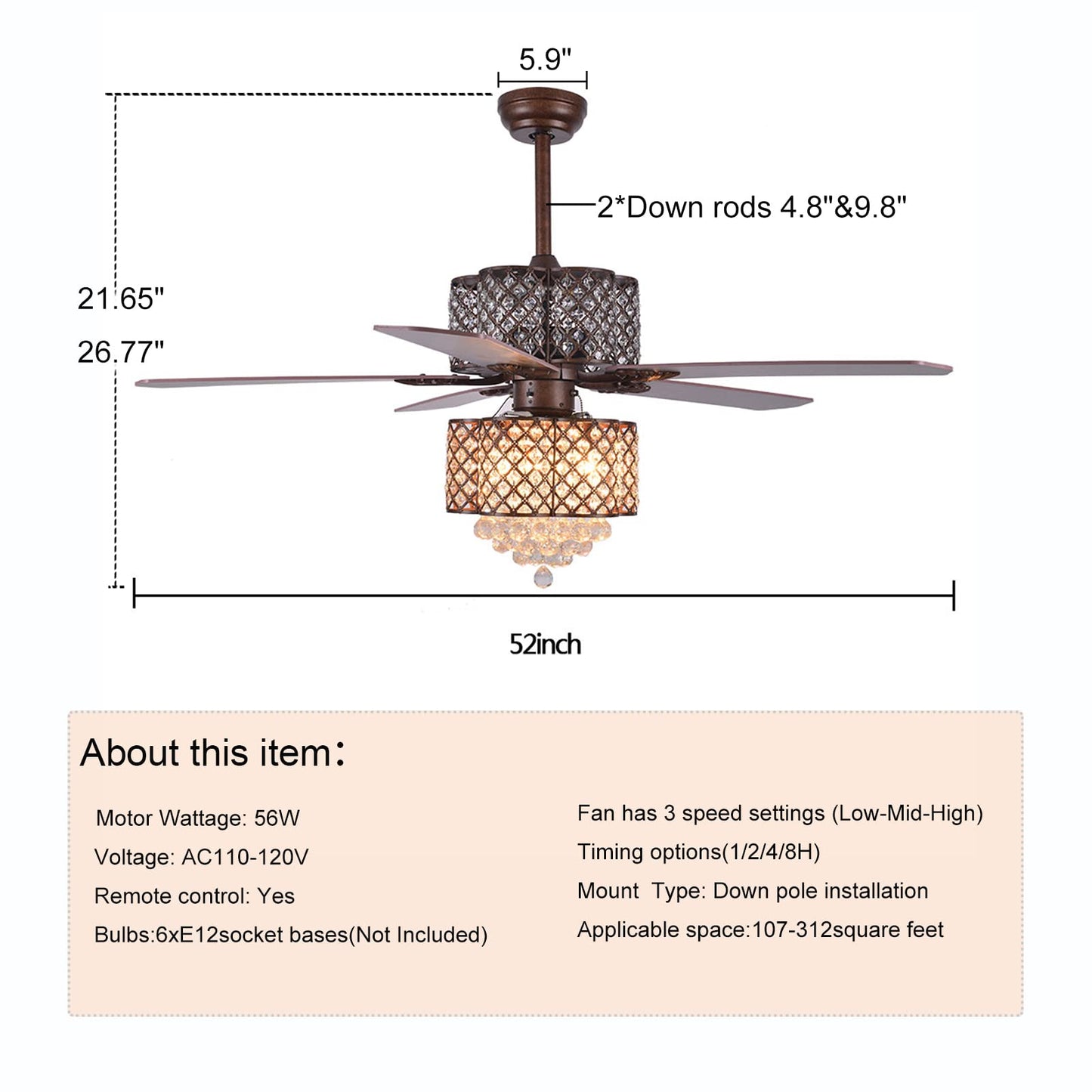 52'' Crystal Ceiling Fan with Lights Classical Ceiling Fans with Chandeliers 5 Wood Reversible Blades 6 E12 3 Speed & Smart Timing Silent Vintage Fan