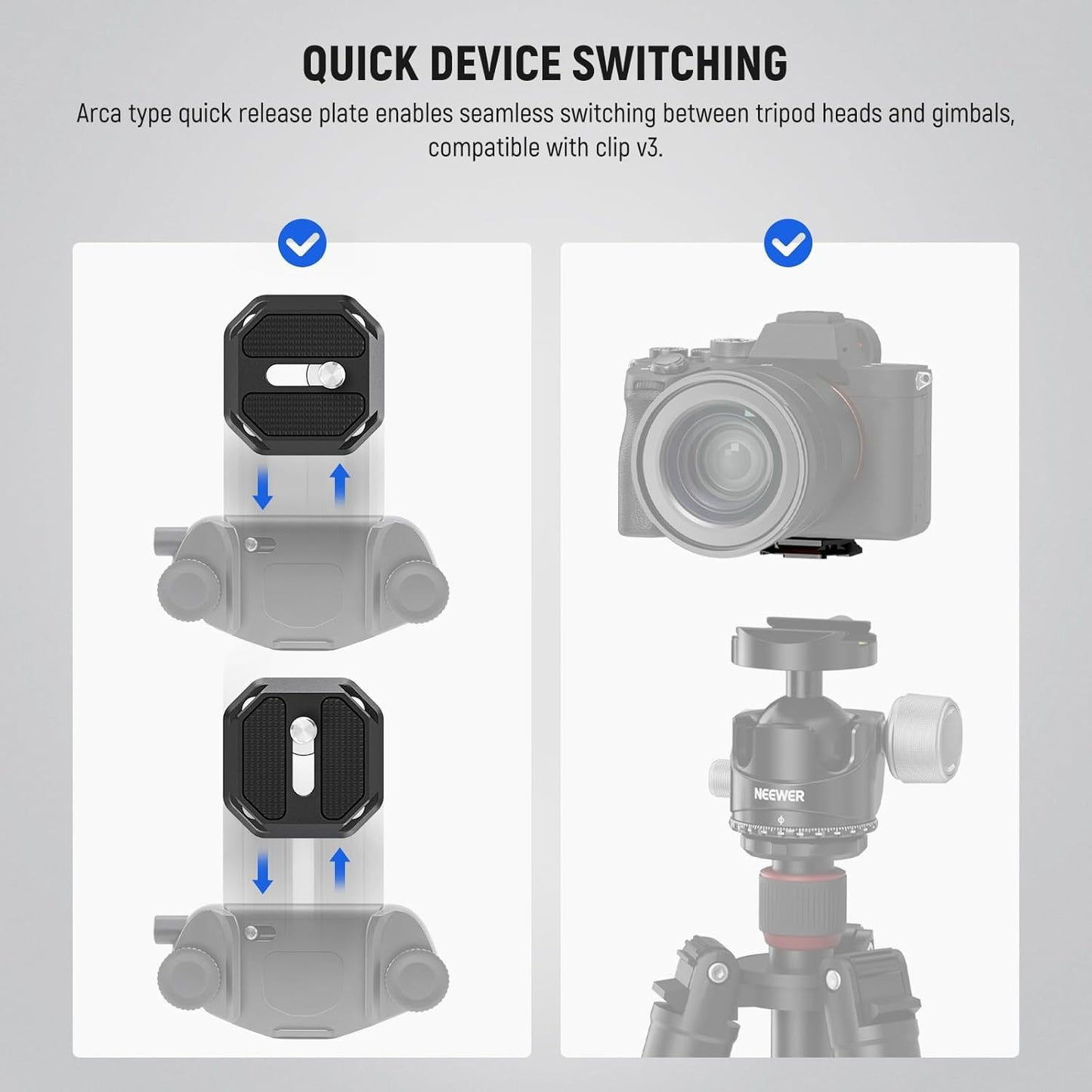 NEEWER GM34 Camera Quick Release Plate Kit, Quick Switch Auto Lock Square QR Mount Plate with Arca Type Clamp Base, Compatible with Arca Swiss Camera