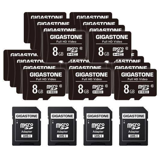 GIGASTONE 8GB Micro SD Card 20-Pack, Full HD Video, Surveillance Security Cam Action Camera Drone, 80MB/s Micro SDHC Class 10, with Adapters