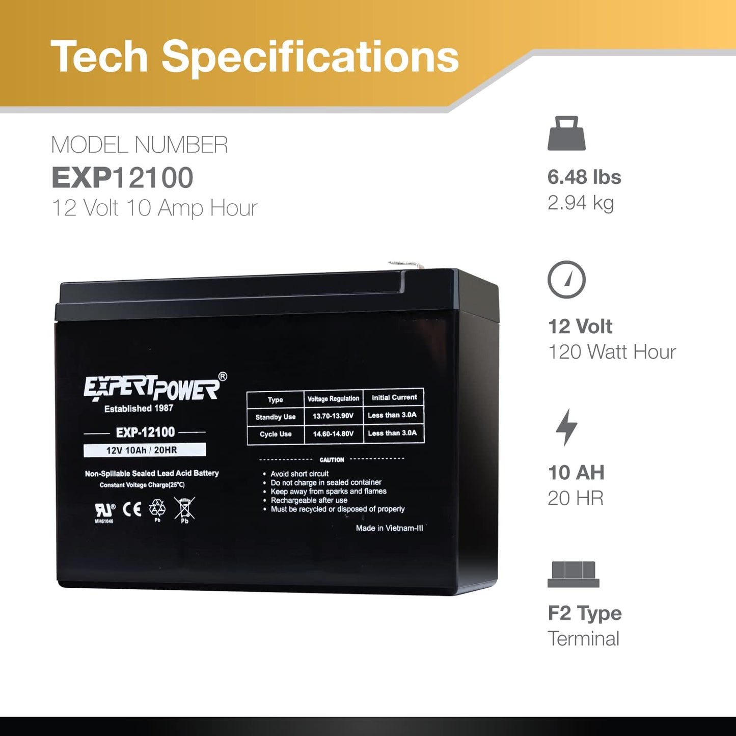 12v 10Ah SLA Rechargeable Battery - F2 Terminals